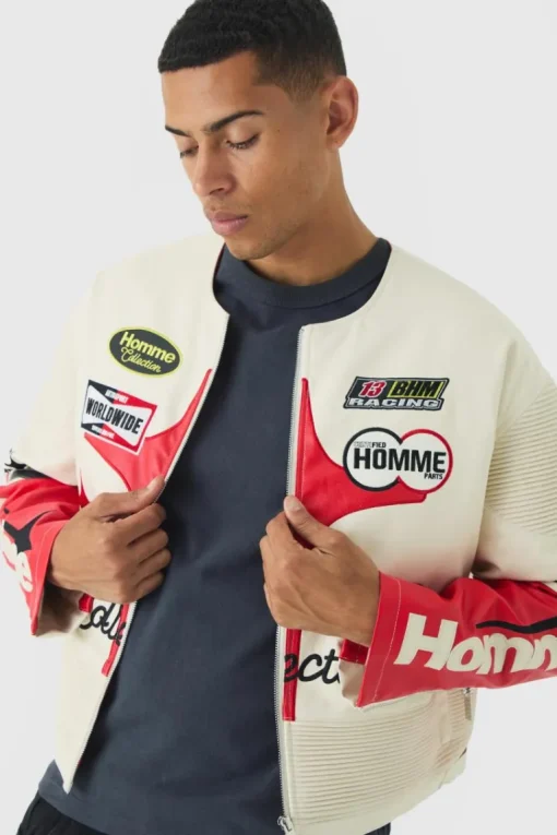 Boxy Collarless Homme PU Moto Jacket In Ecru
