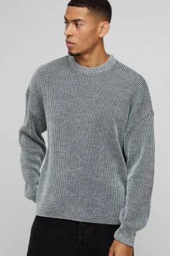 Boxy Crew Neck Dropped Shoulder Plated Ribbed Knit Jumper
