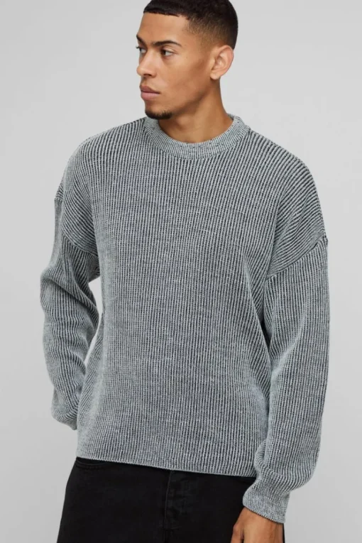 Boxy Crew Neck Dropped Shoulder Plated Ribbed Knit Jumper