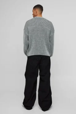 Boxy Crew Neck Dropped Shoulder Plated Ribbed Knit Jumper