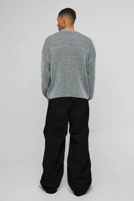 Boxy Crew Neck Dropped Shoulder Plated Ribbed Knit Jumper