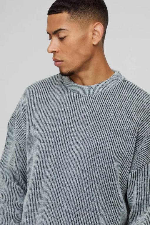 Boxy Crew Neck Dropped Shoulder Plated Ribbed Knit Jumper