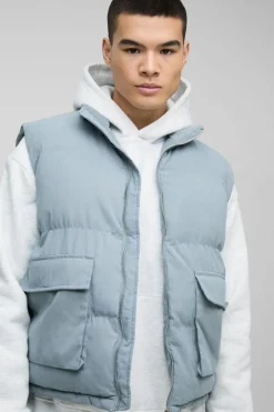 Boxy Faux Suede Funnel Neck Gilet In Blue