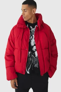 Boxy Fit Drawcord Quilted Funnel Neck Puffer Coat In Red