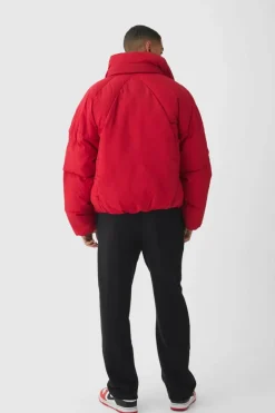 Boxy Fit Drawcord Quilted Funnel Neck Puffer Coat In Red