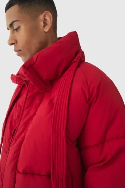 Boxy Fit Drawcord Quilted Funnel Neck Puffer Coat In Red