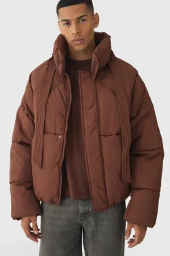 Boxy Fit Drawcord Quilted Funnel Neck Puffer Coat In Chocolate