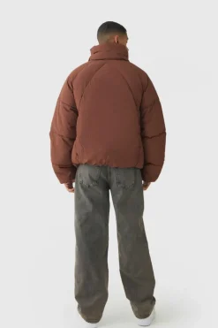 Boxy Fit Drawcord Quilted Funnel Neck Puffer Coat In Chocolate