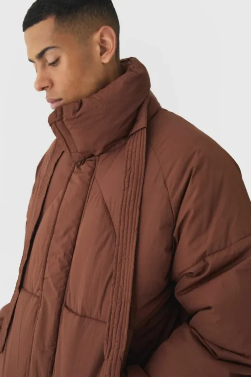 Boxy Fit Drawcord Quilted Funnel Neck Puffer Coat In Chocolate