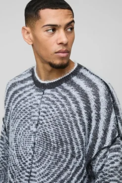 Boxy Fit Fluffy Textured Contrast Knit Jumper