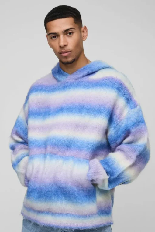 Boxy Fit Ombre Stripe Brushed Knit Cross Hoodie