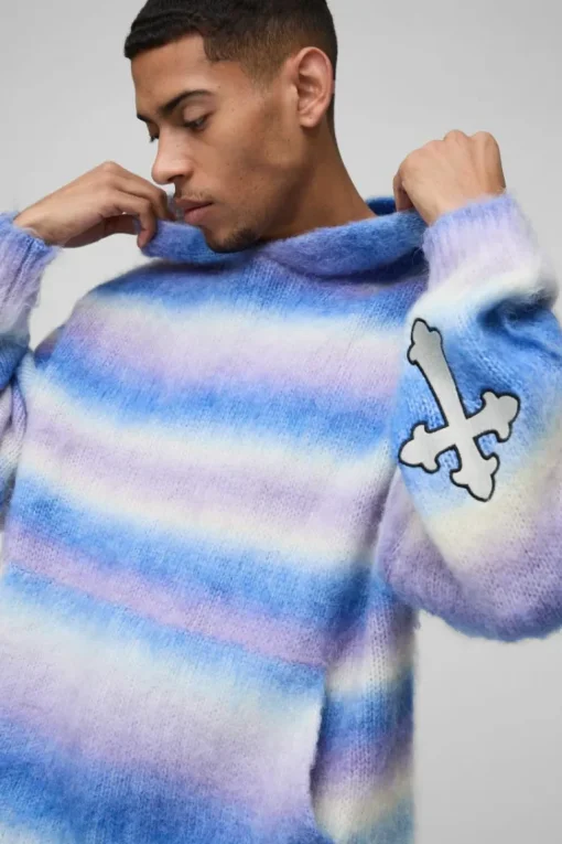 Boxy Fit Ombre Stripe Brushed Knit Cross Hoodie