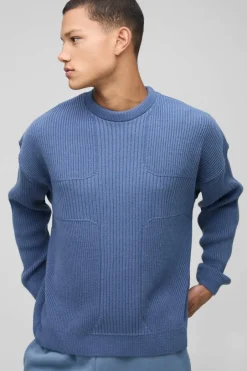 Boxy Fit Ribbed Cross Crew Neck Knitted Jumper