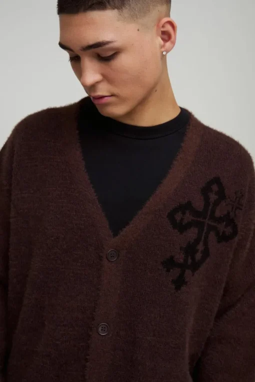 Boxy Fluffy Crosses Knitted Cardigan