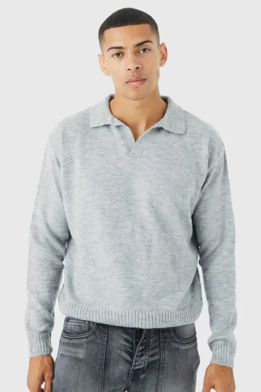 Boxy Long Sleeve Knitted Revere Polo