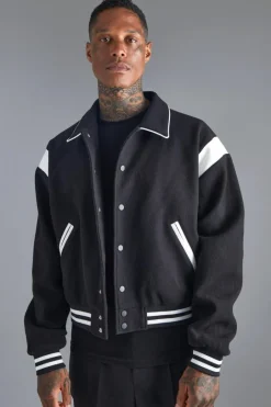 Boxy Melton Bomber Jacket With Contrast Trims
