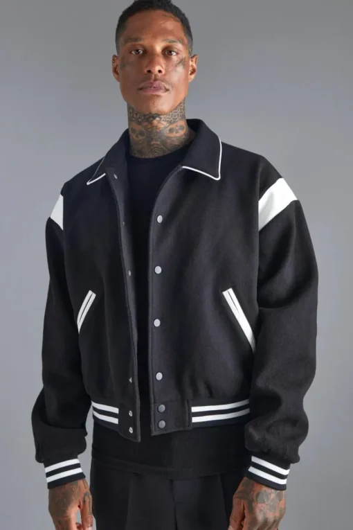 Boxy Melton Bomber Jacket With Contrast Trims