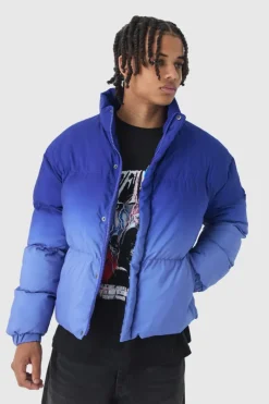 Boxy Ombre Funnel Neck Puffer Coat In Blue