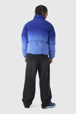 Boxy Ombre Funnel Neck Puffer Coat In Blue