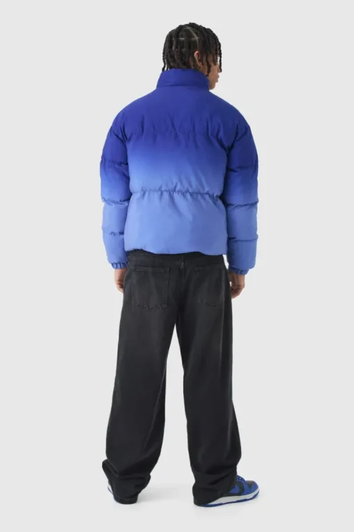 Boxy Ombre Funnel Neck Puffer Coat In Blue