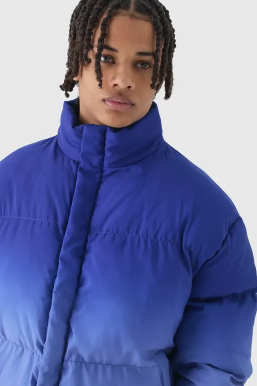 Boxy Ombre Funnel Neck Puffer Coat In Blue