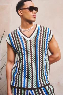 Boxy Oversized Open Stitch V Neck Sweater Vest