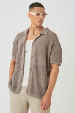 Boxy Oversized Open Stitch Tonal Palm Intarsia Short Sleeve Knit Shirt
