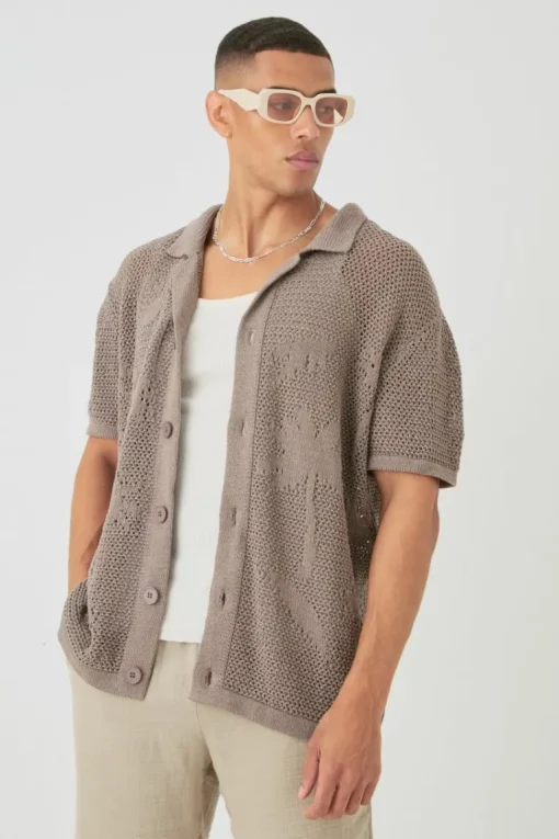 Boxy Oversized Open Stitch Tonal Palm Intarsia Short Sleeve Knit Shirt