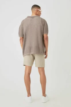 Boxy Oversized Open Stitch Tonal Palm Intarsia Short Sleeve Knit Shirt