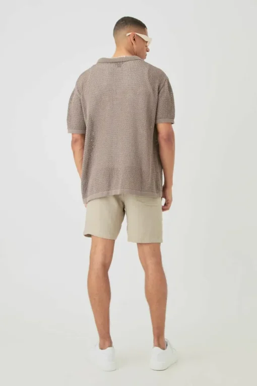 Boxy Oversized Open Stitch Tonal Palm Intarsia Short Sleeve Knit Shirt