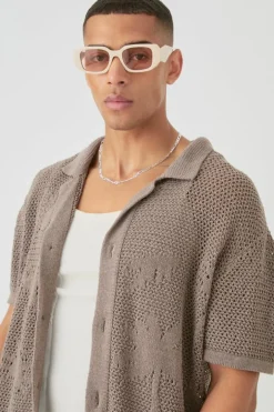Boxy Oversized Open Stitch Tonal Palm Intarsia Short Sleeve Knit Shirt