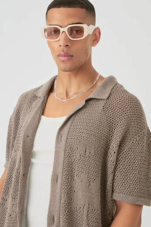 Boxy Oversized Open Stitch Tonal Palm Intarsia Short Sleeve Knit Shirt