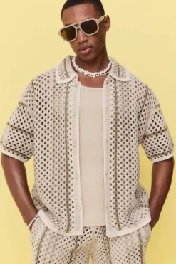 Boxy Oversized Open Stitch Stripe Knit Shirt