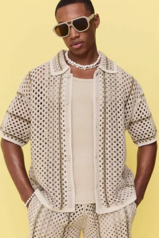 Boxy Oversized Open Stitch Stripe Knit Shirt