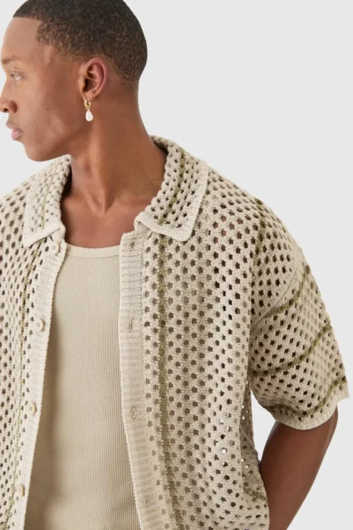 Boxy Oversized Open Stitch Stripe Knit Shirt