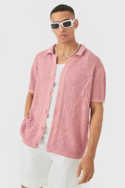 Boxy Oversized Open Stitch Tonal Floral Intarsia Short Sleeve Knit Shirt