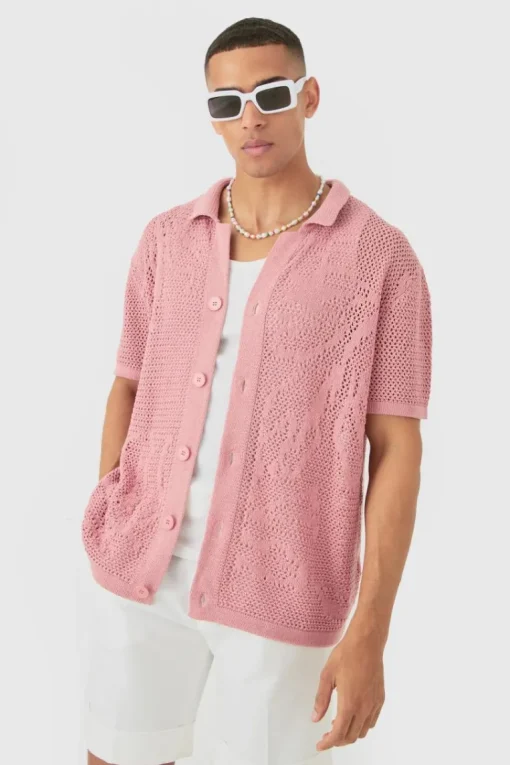 Boxy Oversized Open Stitch Tonal Floral Intarsia Short Sleeve Knit Shirt
