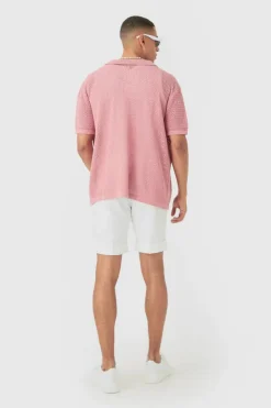 Boxy Oversized Open Stitch Tonal Floral Intarsia Short Sleeve Knit Shirt