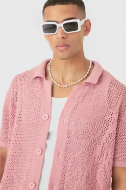 Boxy Oversized Open Stitch Tonal Floral Intarsia Short Sleeve Knit Shirt