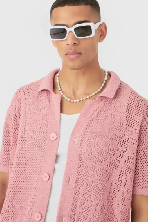 Boxy Oversized Open Stitch Tonal Floral Intarsia Short Sleeve Knit Shirt