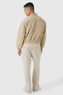 Boxy Panel Padded Nylon Bomber Jacket In Stone
