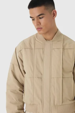 Boxy Panel Padded Nylon Bomber Jacket In Stone