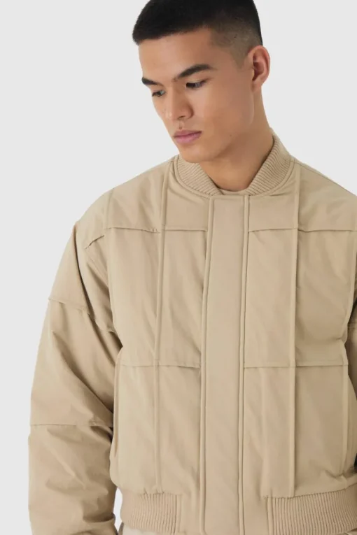 Boxy Panel Padded Nylon Bomber Jacket In Stone