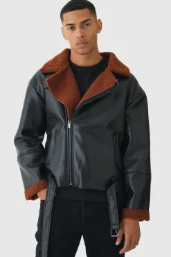 Boxy PU Borg Trim Aviator Jacket In Black