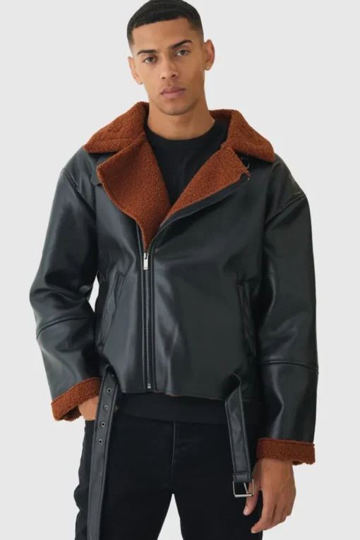 Boxy PU Borg Trim Aviator Jacket In Black