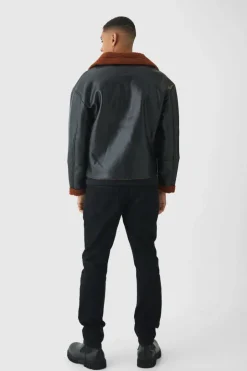 Boxy PU Borg Trim Aviator Jacket In Black