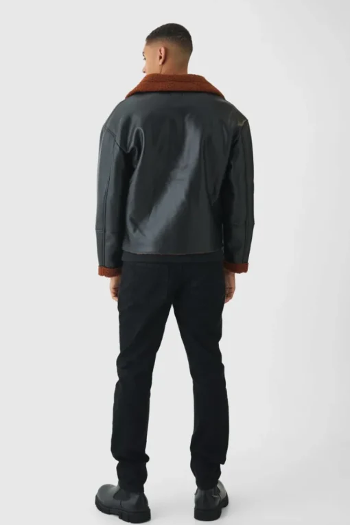 Boxy PU Borg Trim Aviator Jacket In Black