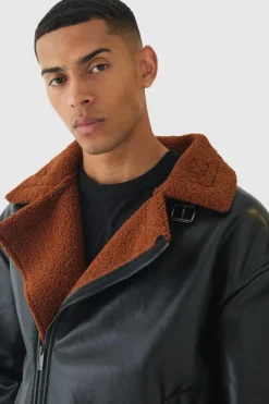Boxy PU Borg Trim Aviator Jacket In Black