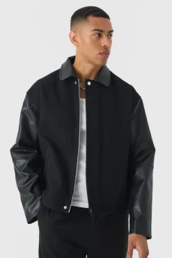 Boxy PU Sleeve Collared Harrington Jacket In Black