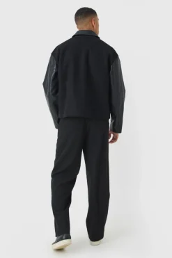 Boxy PU Sleeve Collared Harrington Jacket In Black